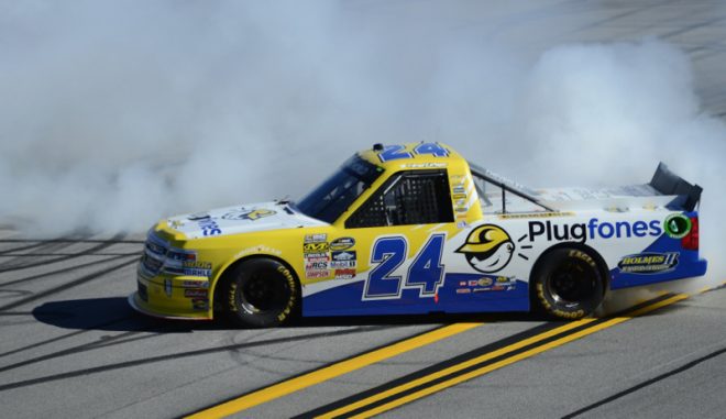 TALLADEGA, AL - OCTOBER 22: Grant Enfinger, driver of the #24 Plugfones Chevrolet, celebrates with a burnout after winning the NASCAR Camping World Truck Series fred's 250 at Talladega Superspeedway on October 22, 2016 in Talladega, Alabama.  (Photo by Robert Laberge/NASCAR via Getty Images)