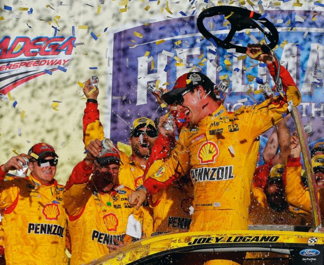 TALLADEGA, AL - OCTOBER 23: Joey Logano, driver of the #22 Shell Pennzoil Ford, celebrates in Victory Lane after winning the NASCAR Sprint Cup Series Hellmann's 500 at Talladega Superspeedway on October 23, 2016 in Talladega, Alabama. (Photo by Jonathan Ferrey/NASCAR via Getty Images)