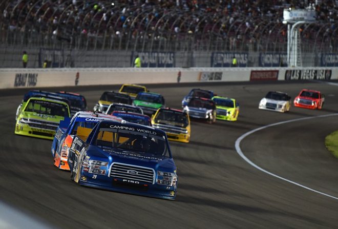 LAS VEGAS, NV - OCTOBER 01:  Tyler Reddick, driver of the #29 Cooper Standard Ford, leads a pack of cars during the NASCAR Camping World Truck Series DC Solar 350 at Las Vegas Motor Speedway on October 1, 2016 in Las Vegas, Nevada.  (Photo by Jonathan Moore/NASCAR via Getty Images)