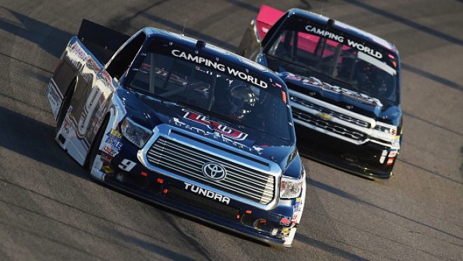 NEWTON, IA - JUNE 18: William Byron, driver of the #9 Liberty University Toyota, races during the NASCAR Camping World Truck Series Speediatrics 200 at Iowa Speedway on June 18, 2016 in Newton, Iowa. (Photo by Rainier Ehrhardt/NASCAR via Getty Images)