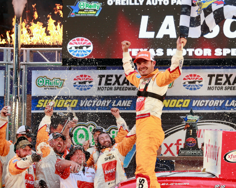 FORT WORTH, TX - NOVEMBER 05: Kyle Larson, driver of the #42 ENEOS Chevrolet, celebrates in Victory Lane after winning the NASCAR XFINITY Series O'Reilly Auto Parts Challenge at Texas Motor Speedway on November 5, 2016 in Fort Worth, Texas. (Photo by Matt Sullivan/NASCAR via Getty Images)