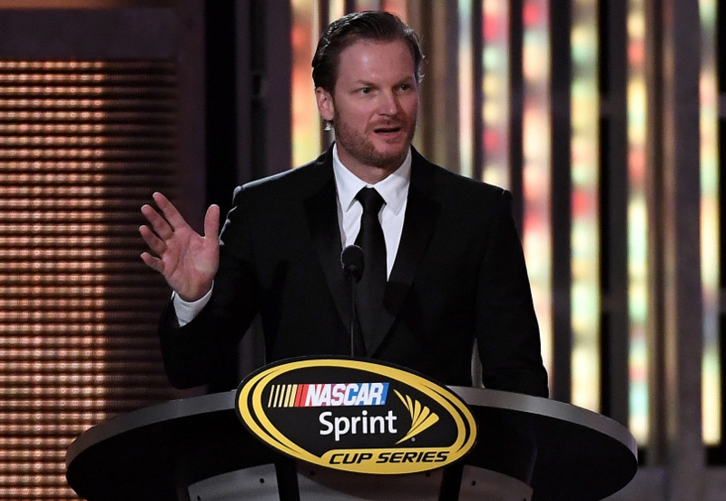 LAS VEGAS, NV - DECEMBER 02:  NASCAR driver Dale Earnhardt Jr. speaks on stage after receiving the NMPA Sprint most popular driver award during the 2016 NASCAR Sprint Cup Series Awards at Wynn Las Vegas on December 2, 2016 in Las Vegas, Nevada.  (Photo by Ethan Miller/Getty Images)