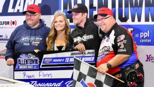 FLORES REBOUNDS FROM FRIDAY NIGHT ALLENTOWN PPL CENTER INDOOR AUTO RACING SERIES FLIP TO WIN SATURDAY